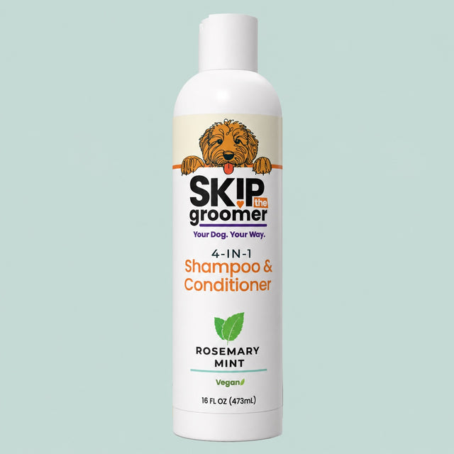 4-IN-1 Rosemary Mint dog shampoo and conditioner bottle for doodles and curly coats
