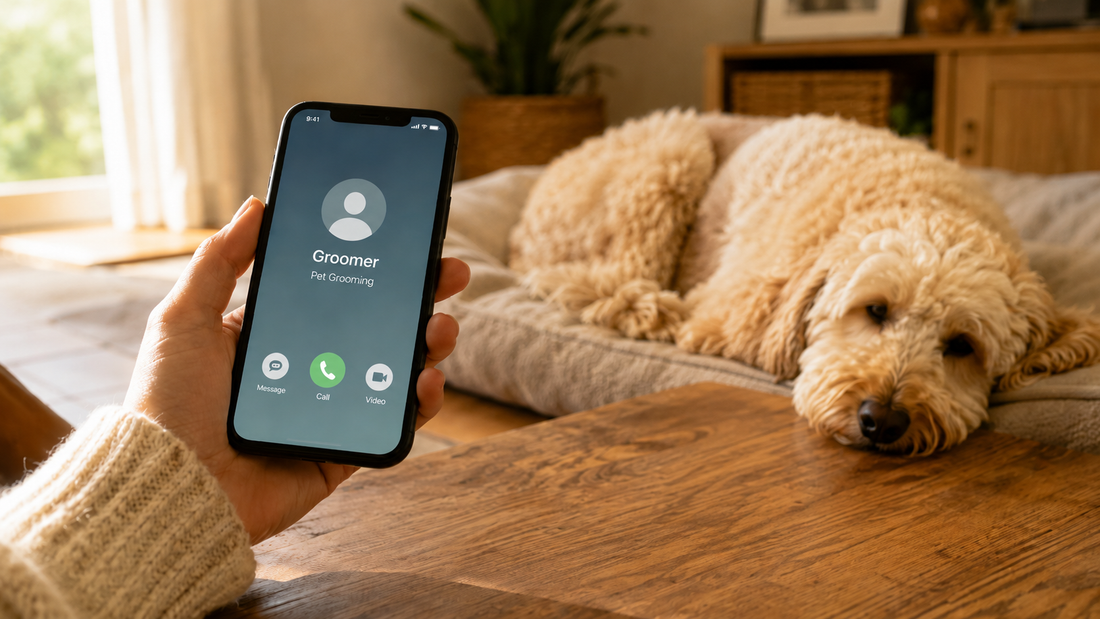 A hand holding a phone with the groomer's contact ready while a calm Goldendoodle rests nearby — the decision moment between at-home dematting and a professional groomer visit.