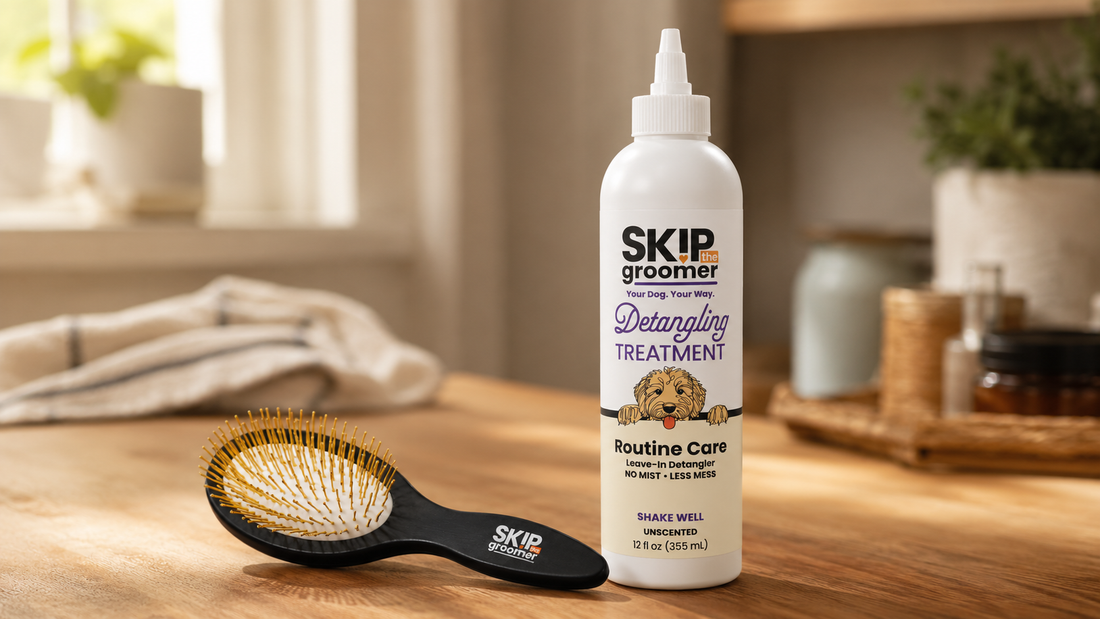 Skip The Groomer Detangling Treatment bottle with a Pin Brush on a warm wood table — the everyday product the two-minute friction-zone routine runs on.