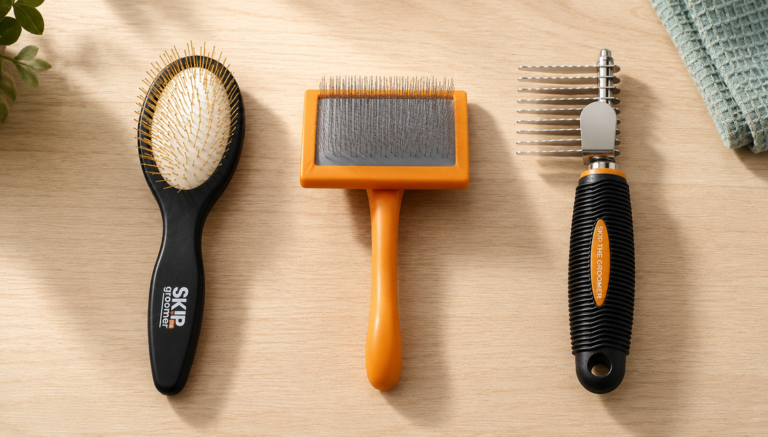 Skip The Groomer Pin Brush, Slicker Brush, and Rake Brush arranged side by side on light wood — three brushes, three different jobs for curly-coat care.