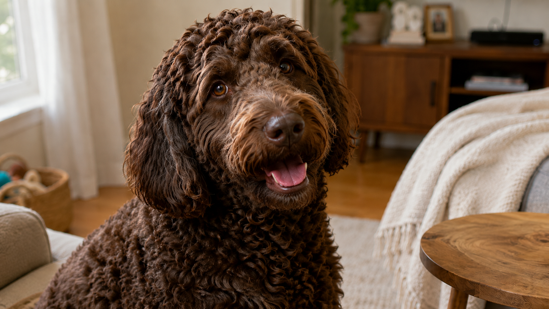 A chocolate-brown Goldendoodle being gently brushed behind the ear with a Pin Brush — the two-minute routine that keeps a curly coat ahead of mats.