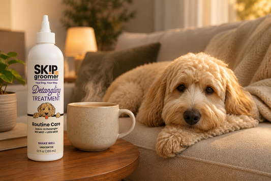 A Goldendoodle resting on the couch while a hand checks behind the ear for tangles, the small Tuesday-night moment behind the two-minute friction-zone routine.
