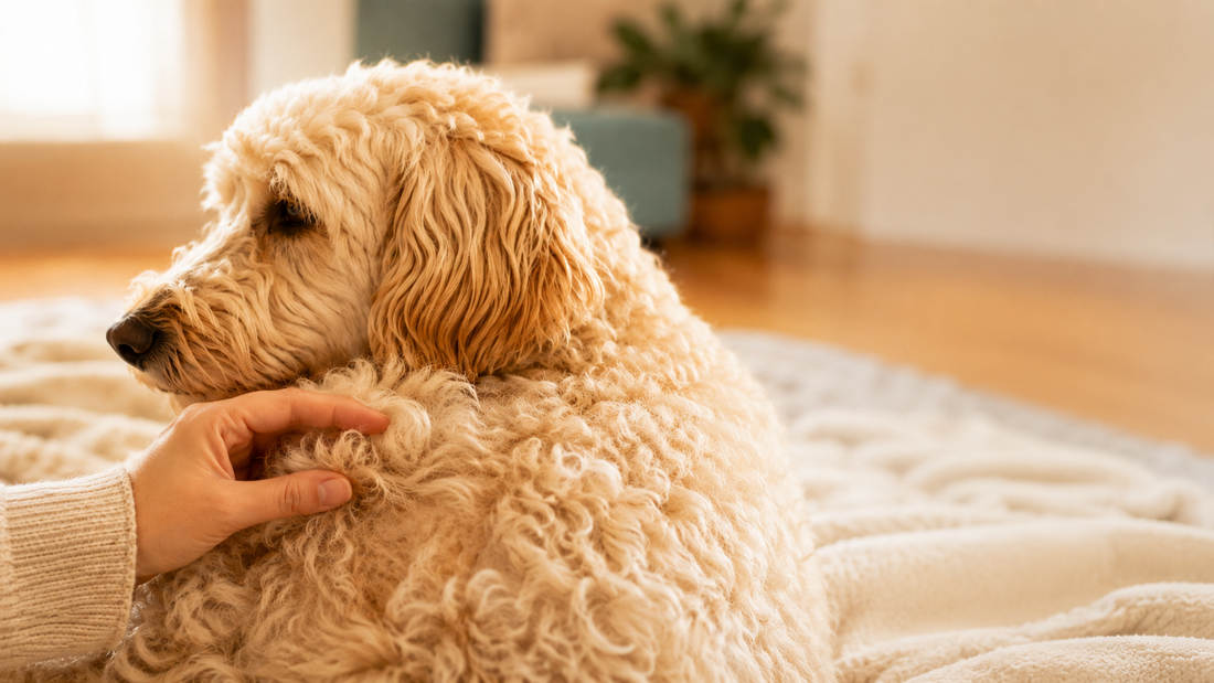 A hand gently checking the curly coat of a cream-colored doodle resting on a soft blanket at home