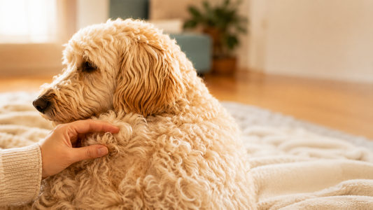 A hand gently checking the curly coat of a cream-colored doodle resting on a soft blanket at home