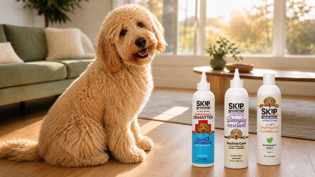 Skip The Groomer dog grooming products on a home shelf — subscription frequency and bottle life by dog size and routine cadence.