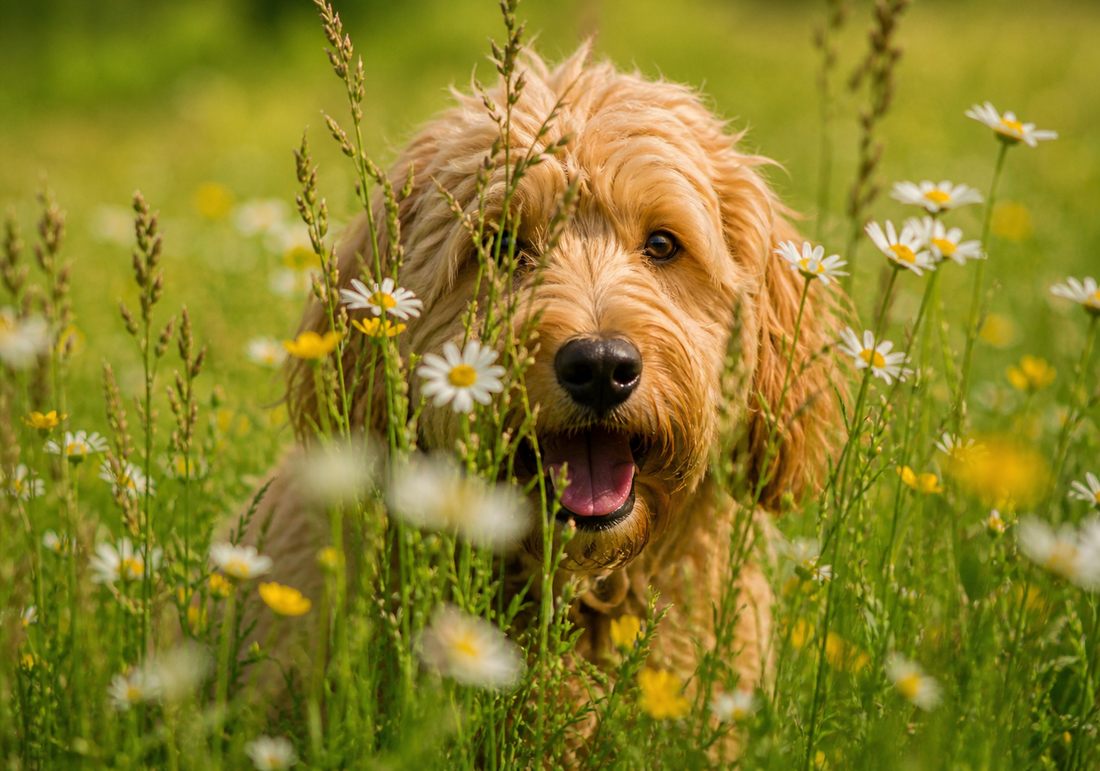 A Goldendoodle outdoors in spring sunlight with a healthy curly coat — managing pollen season and the spring routine adjustment.