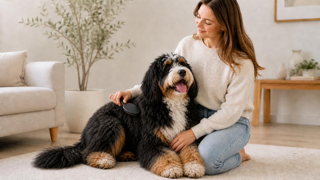A Goldendoodle receiving the two-minute friction-zone routine — Detangling Treatment and a Pin Brush on the four spots that mat fastest.