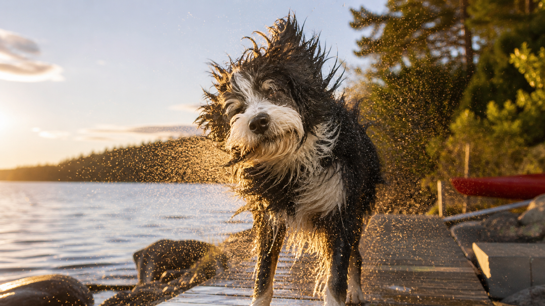 A wet Goldendoodle being towel-dried at the edge of a lake — the post-swim routine that prevents the week-later mat call.