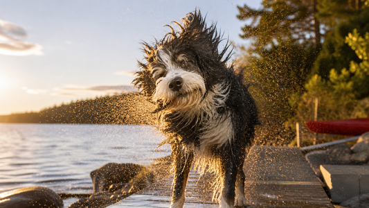A wet Goldendoodle being towel-dried at the edge of a lake — the post-swim routine that prevents the week-later mat call.