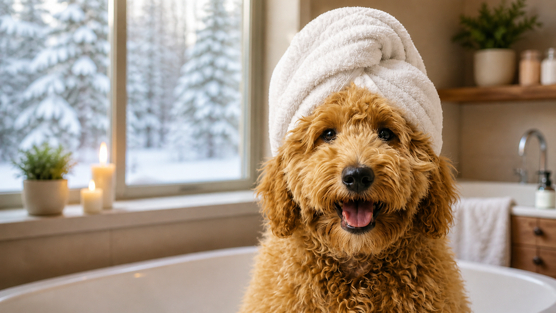 A Goldendoodle being gently towel-dried after a winter bath — lukewarm water and full drying, the order that protects a curly coat.