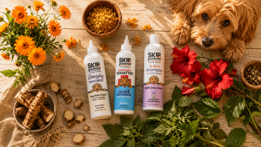 Skip The Groomer grooming products with fresh herbs and a Goldendoodle, a Leaping Bunny certified cruelty free dog care line