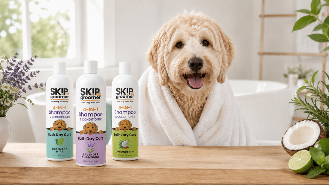 A freshly bathed Goldendoodle in a towel beside Skip the Groomer 4-in-1 Shampoo and Conditioner in Rosemary Mint, Lavender Chamomile, and Coconut Lime