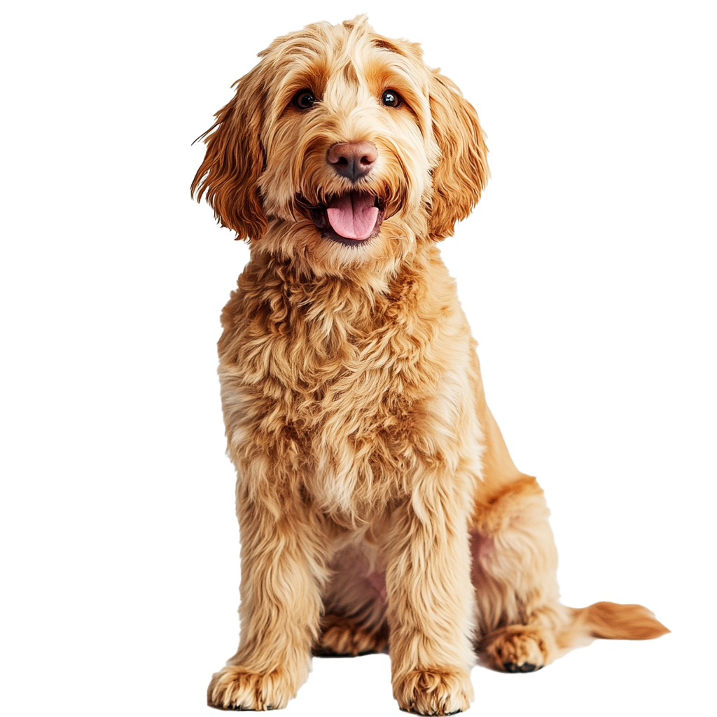 A healthy reddish Goldendoodle with a full curly coat — the calm method that helps avoid a shave-down at the next groomer visit.