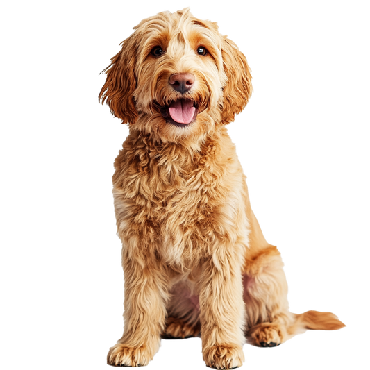 A healthy reddish Goldendoodle with a full curly coat — the calm method that helps avoid a shave-down at the next groomer visit.