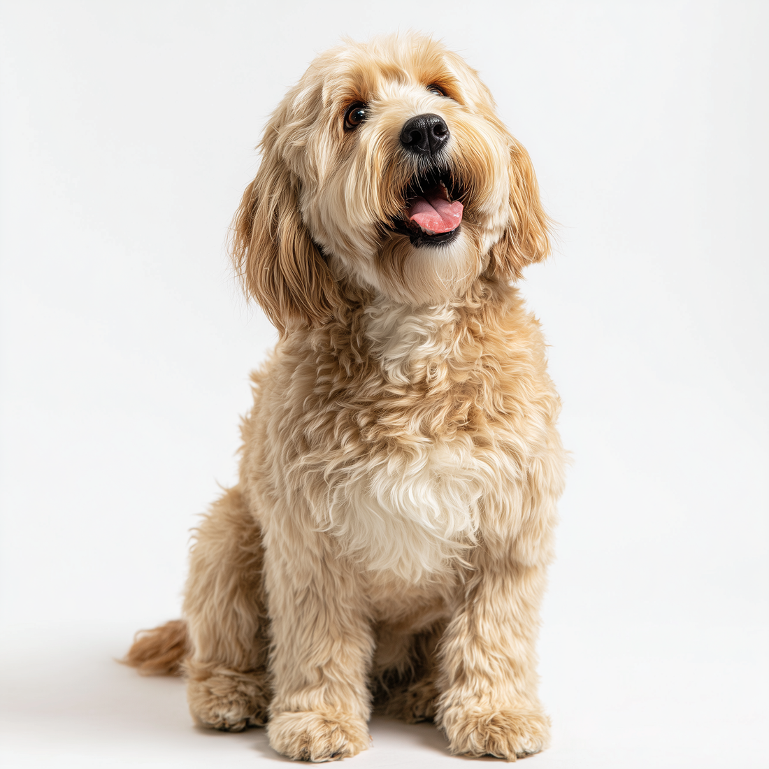 A well-maintained Goldendoodle with a healthy curly coat — the at-home routine that stretches groomer appointments without letting mats build.
