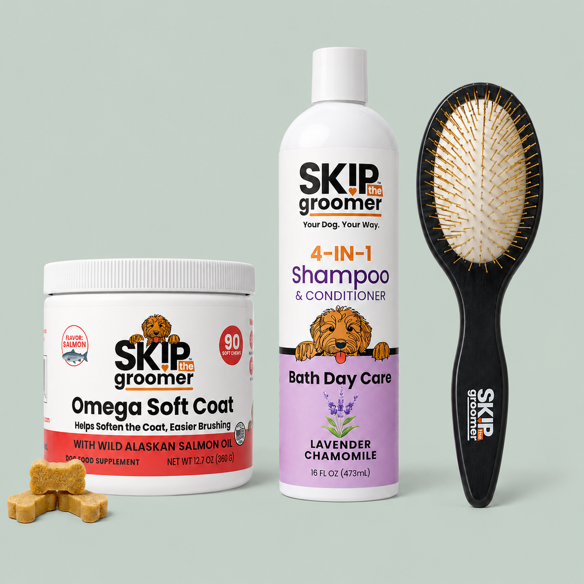 Complete Coat Care — Shampoo, Pin Brush + Salmon Oil Chews, image 1
