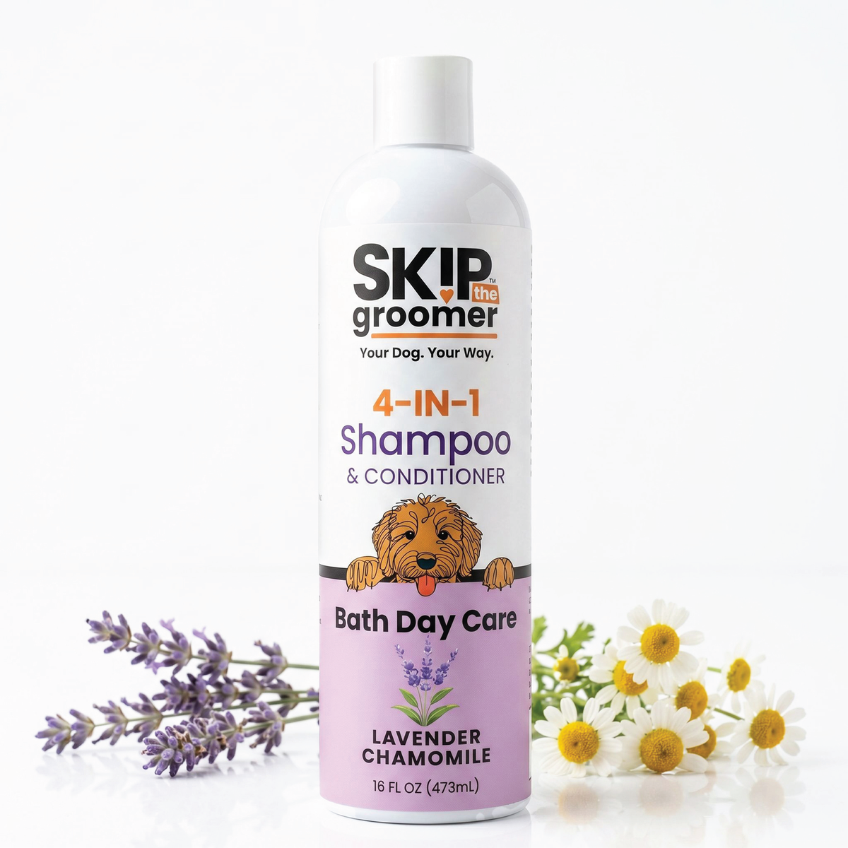 4-IN-1 Lavender Chamomile dog shampoo and conditioner bottle with lavender and chamomile flowers