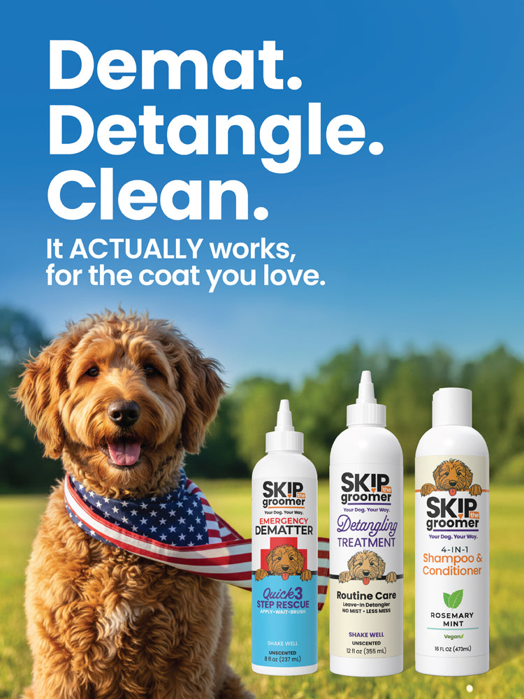 Goldendoodle with Skip The Groomer Emergency Dematter, Detangling Treatment, and Shampoo bottles