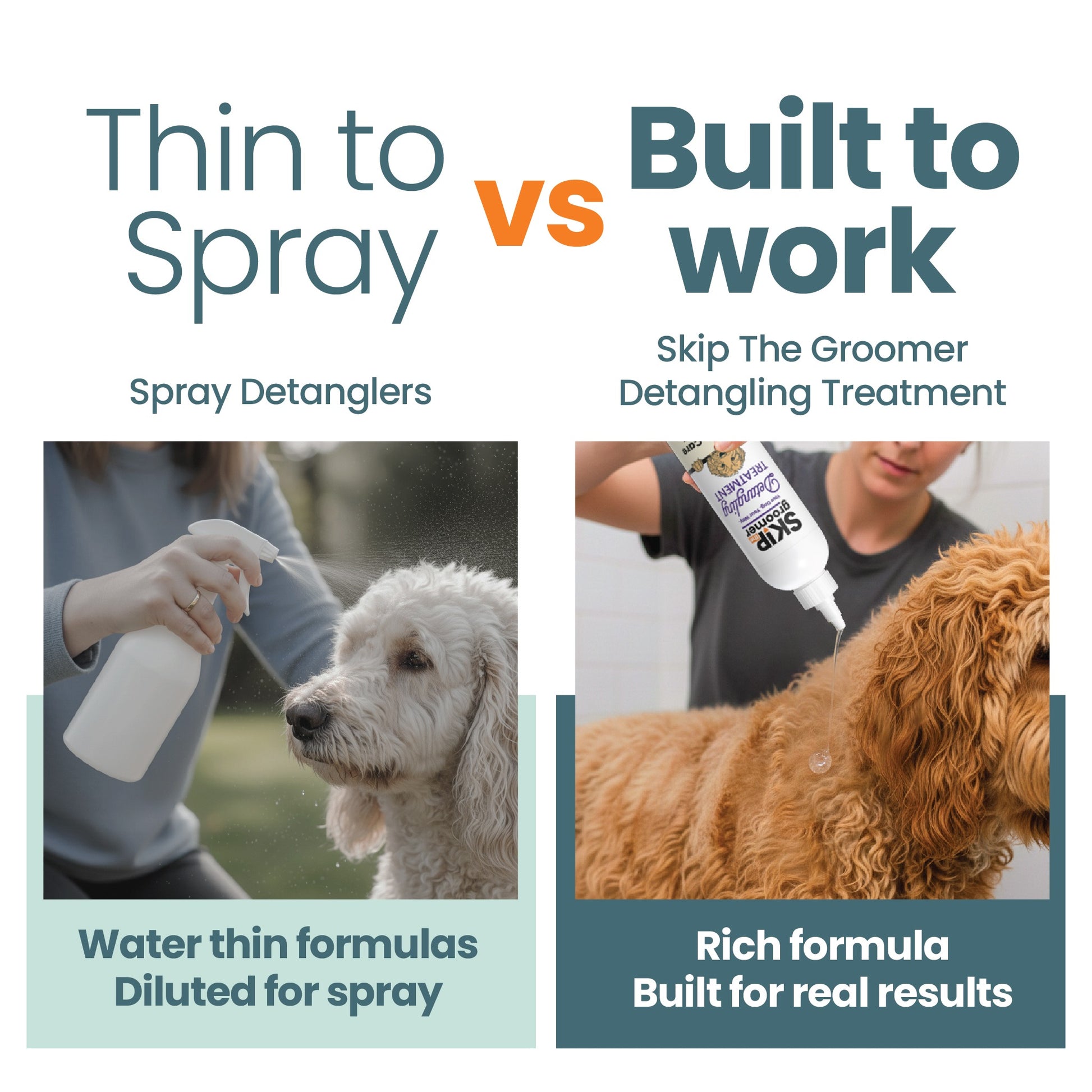 Skip The Groomer comparison of spray detanglers vs rich treatment showing thin diluted formulas versus concentrated coat care results