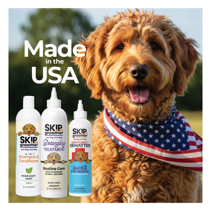 Made in the USA - Skip The Groomer 4-in-1 Shampoo & Conditioner shown with a happy doodle