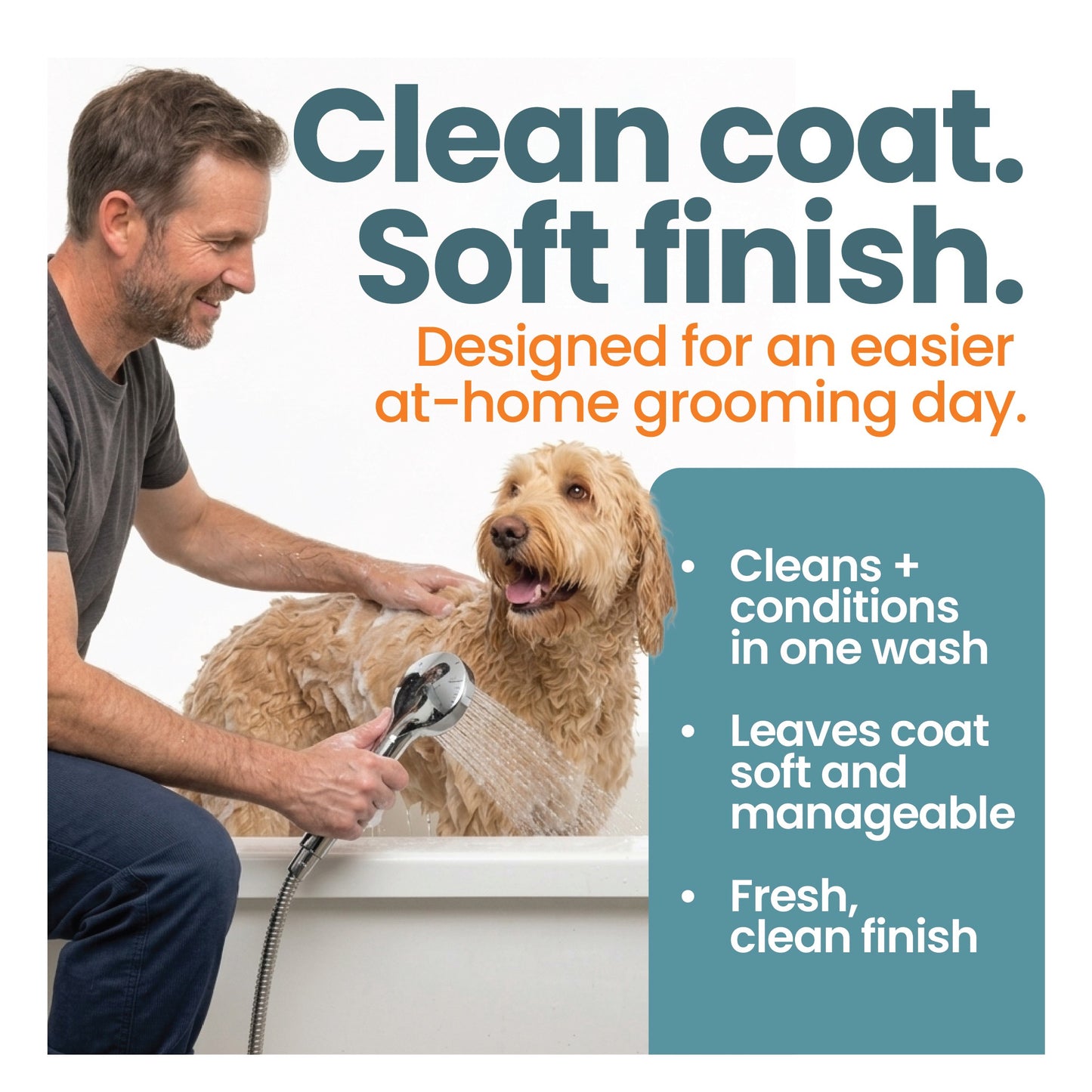 Man rinsing a dog in bathtub during bath showing clean coat grooming routine for soft finish and at home pet care