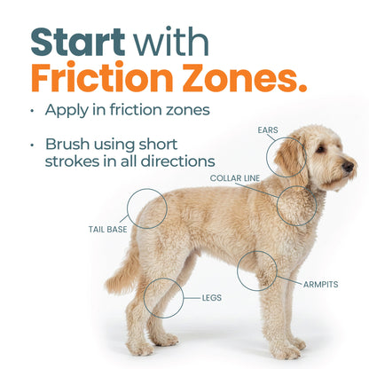 Dog grooming guide showing friction zones on body (ears, collar line, legs, armpits, tail base) with instructions for gentle brushing technique