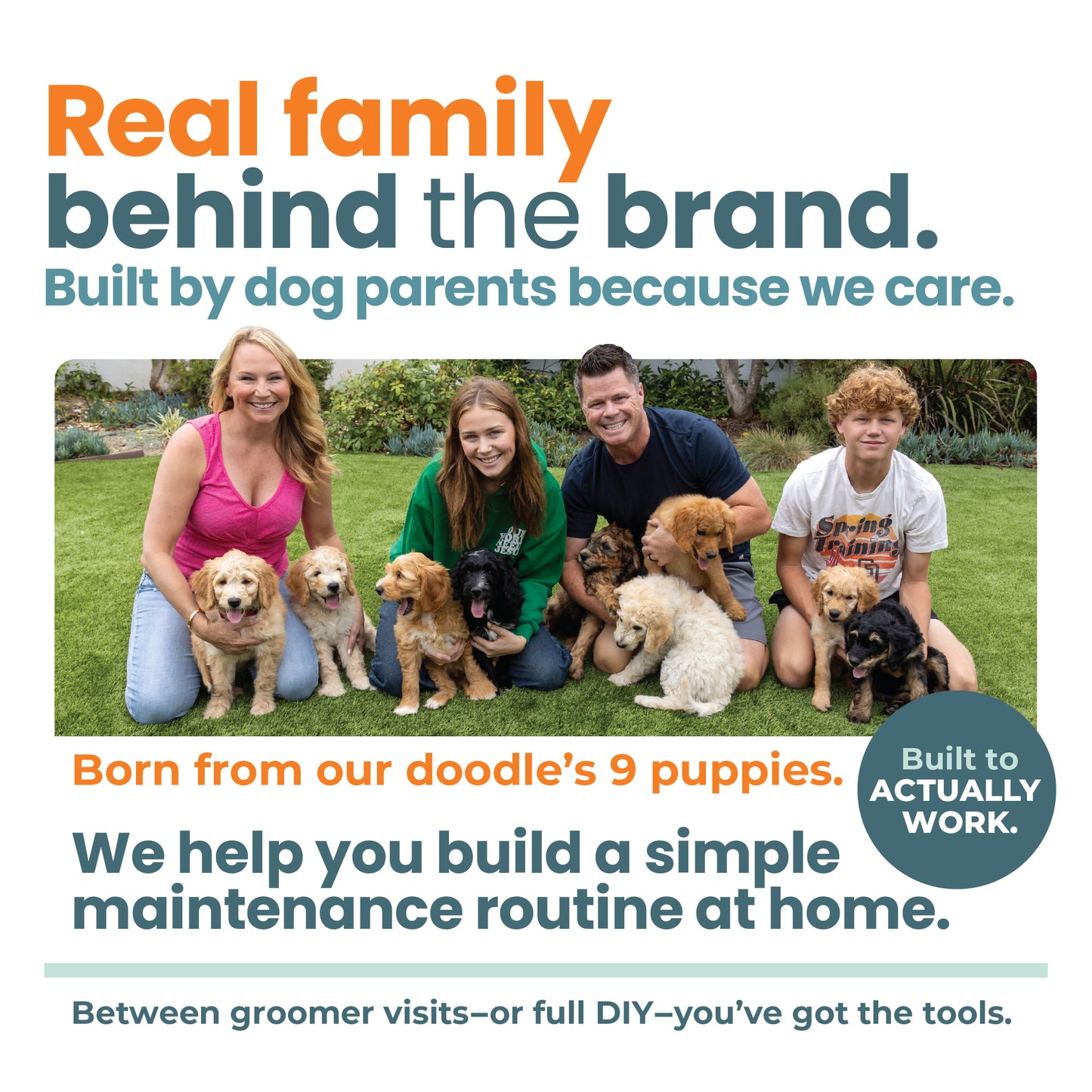 Family of dog owners sitting on grass with multiple puppies, representing a dog grooming brand story and home care routine message