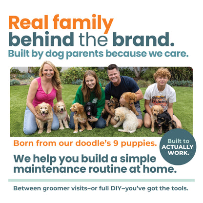 Family of dog owners sitting on grass with multiple puppies, representing a dog grooming brand story and home care routine message