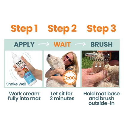 Three-step dog mat care guide showing apply, wait 2 minutes, then brush from mat base outward to loosen tangles safely