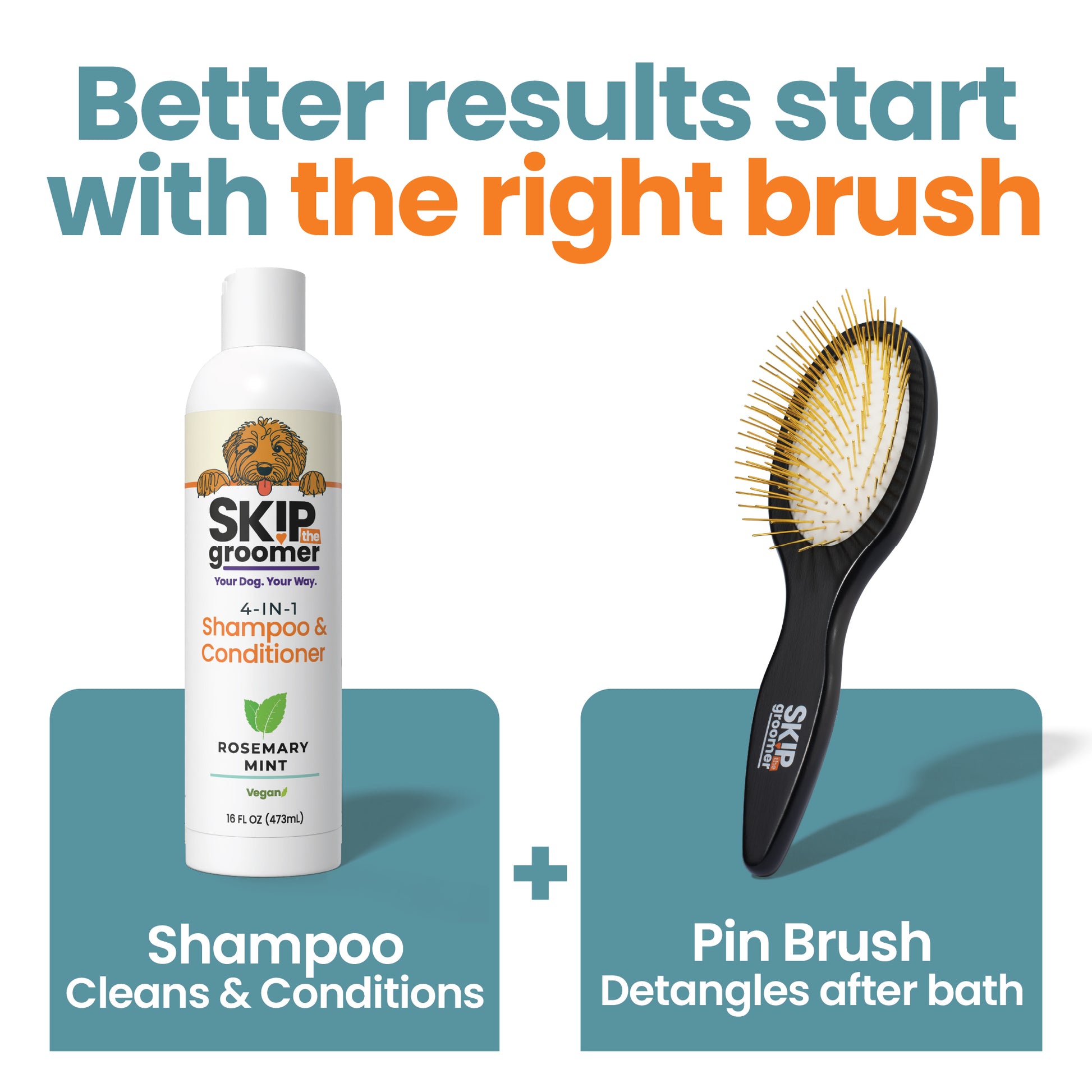 Dog shampoo bottle and pin brush shown together highlighting coat care routine for detangling and soft healthy finish after bathing