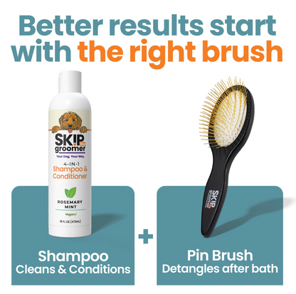Skip The Groomer shampoo and conditioner paired with a pin brush showing a grooming system for cleaning and detangling coats after bathing