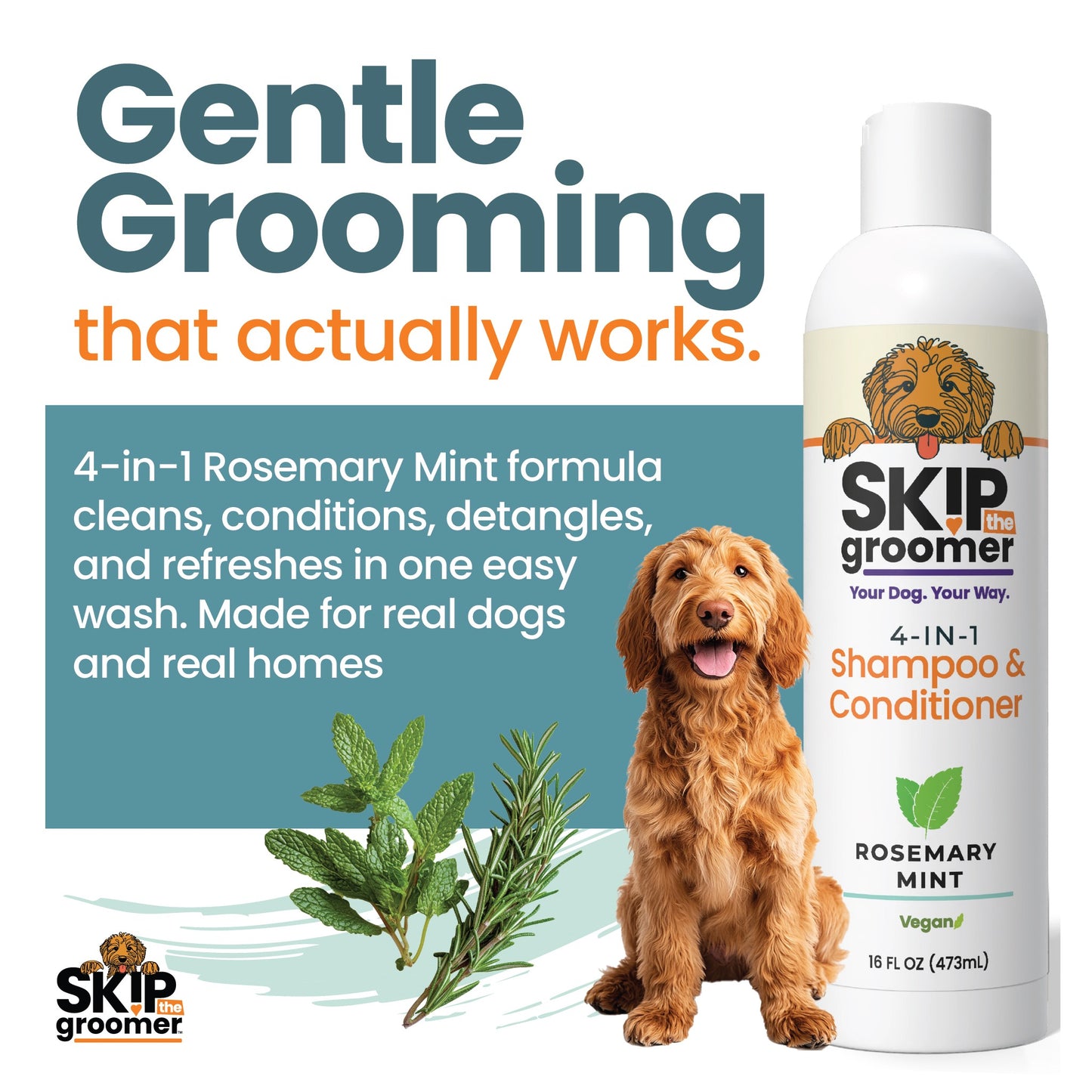 Skip The Groomer 4-in-1 shampoo and conditioner bottle shown with dog and botanical ingredients, designed to clean, condition, and soften coat with rosemary mint formula