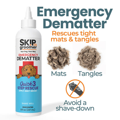 Skip The Groomer Emergency Dematter cream for dogs shown with mats and tangles, helping loosen knots and avoid shaving down coats