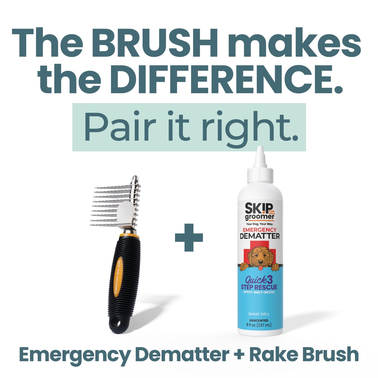 Dog grooming pairing showing Emergency Dematter cream and rake brush designed to loosen mats and tangles for easier coat brushing and detangling