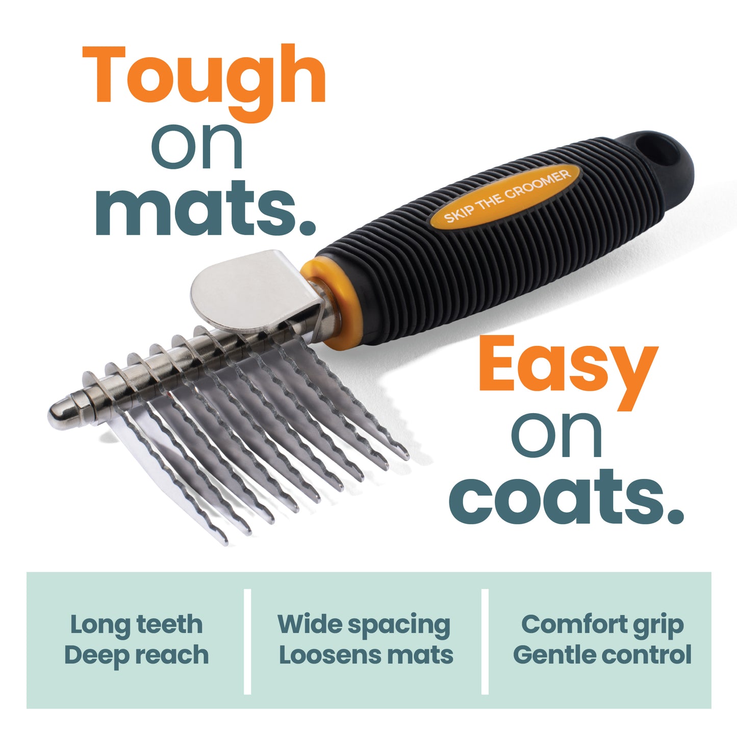 Dog rake brush designed for removing mats and tangles with long spaced teeth for deep reach and gentle coat grooming effectiveness