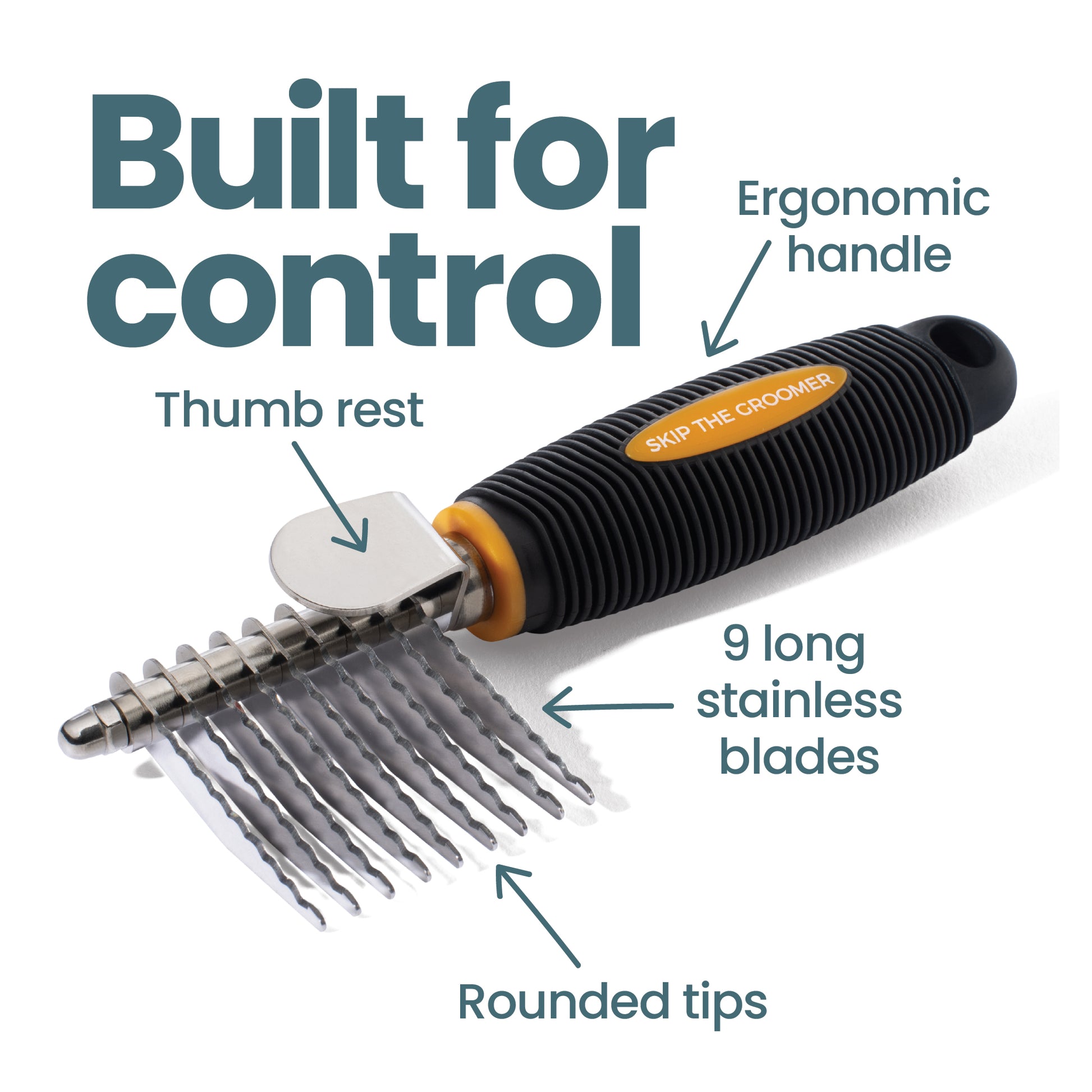 Skip The Groomer rake comb designed for control with ergonomic handle thumb rest rounded tips and 9 stainless blades for gentle detangling