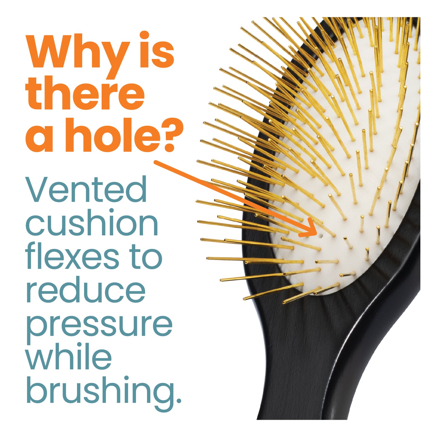 Pin Brush feature callouts - flexible cushion, rounded pins, ergonomic handle