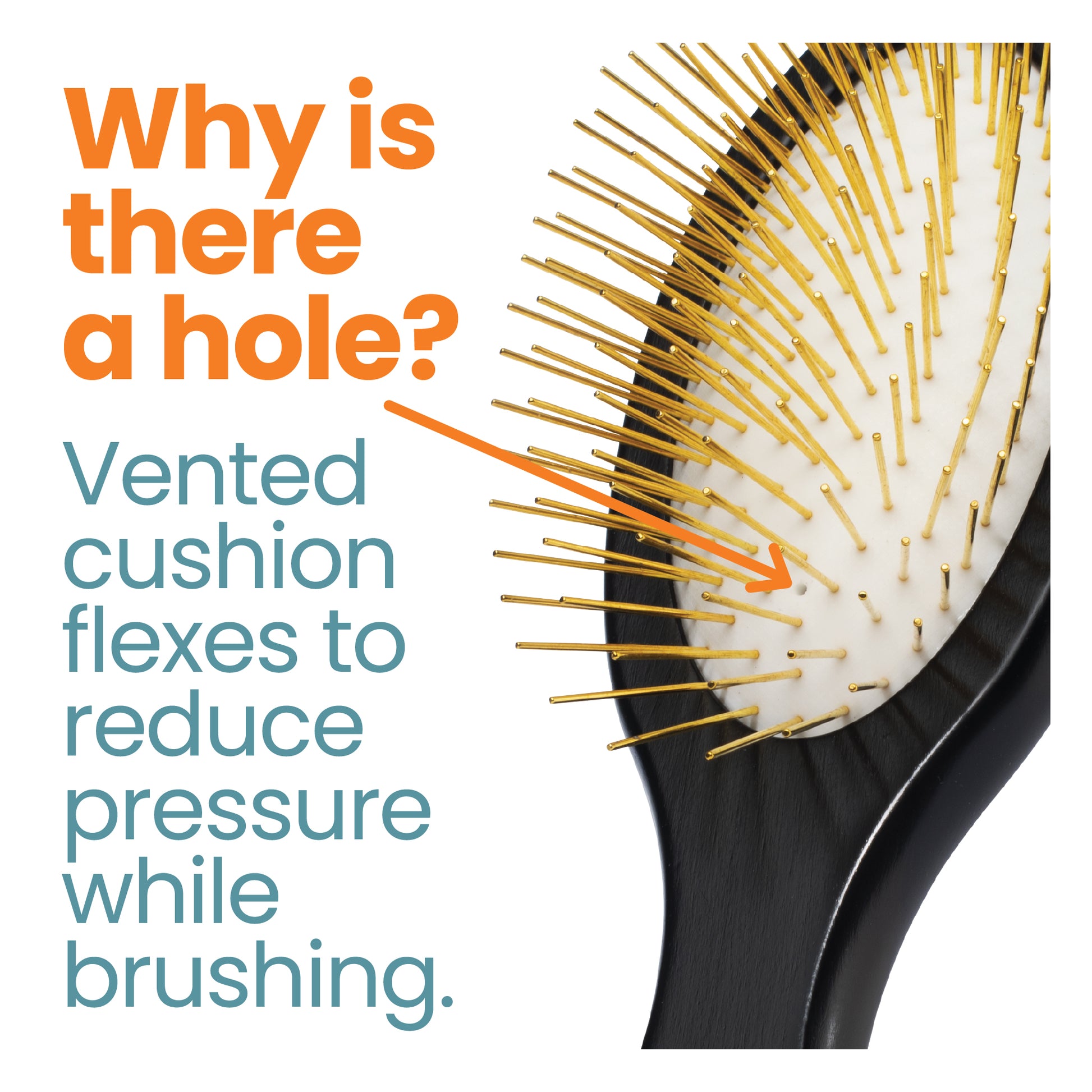 Pin Brush feature callouts - flexible cushion, rounded pins, ergonomic handle