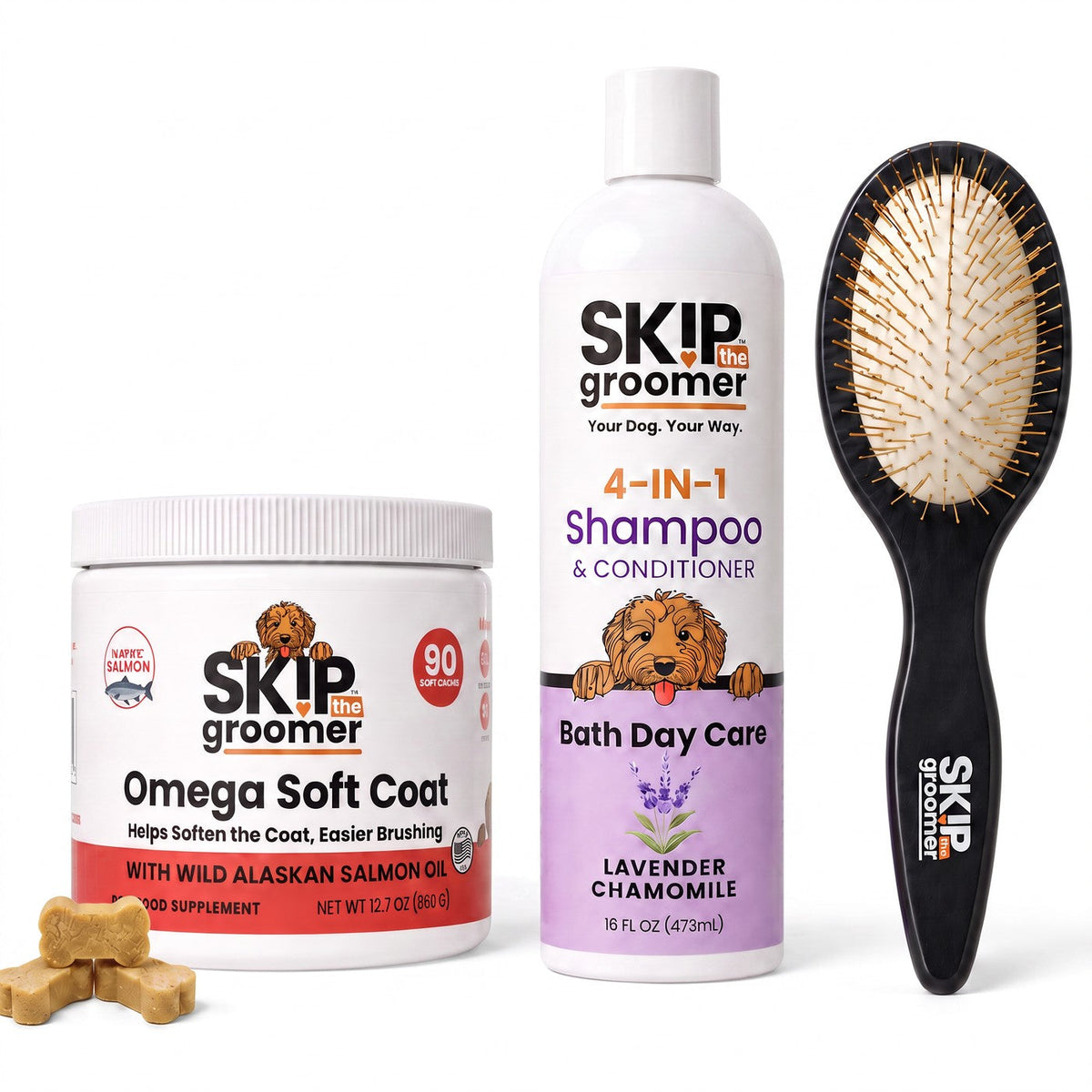 Complete Coat Care — Shampoo, Pin Brush + Salmon Oil Chews